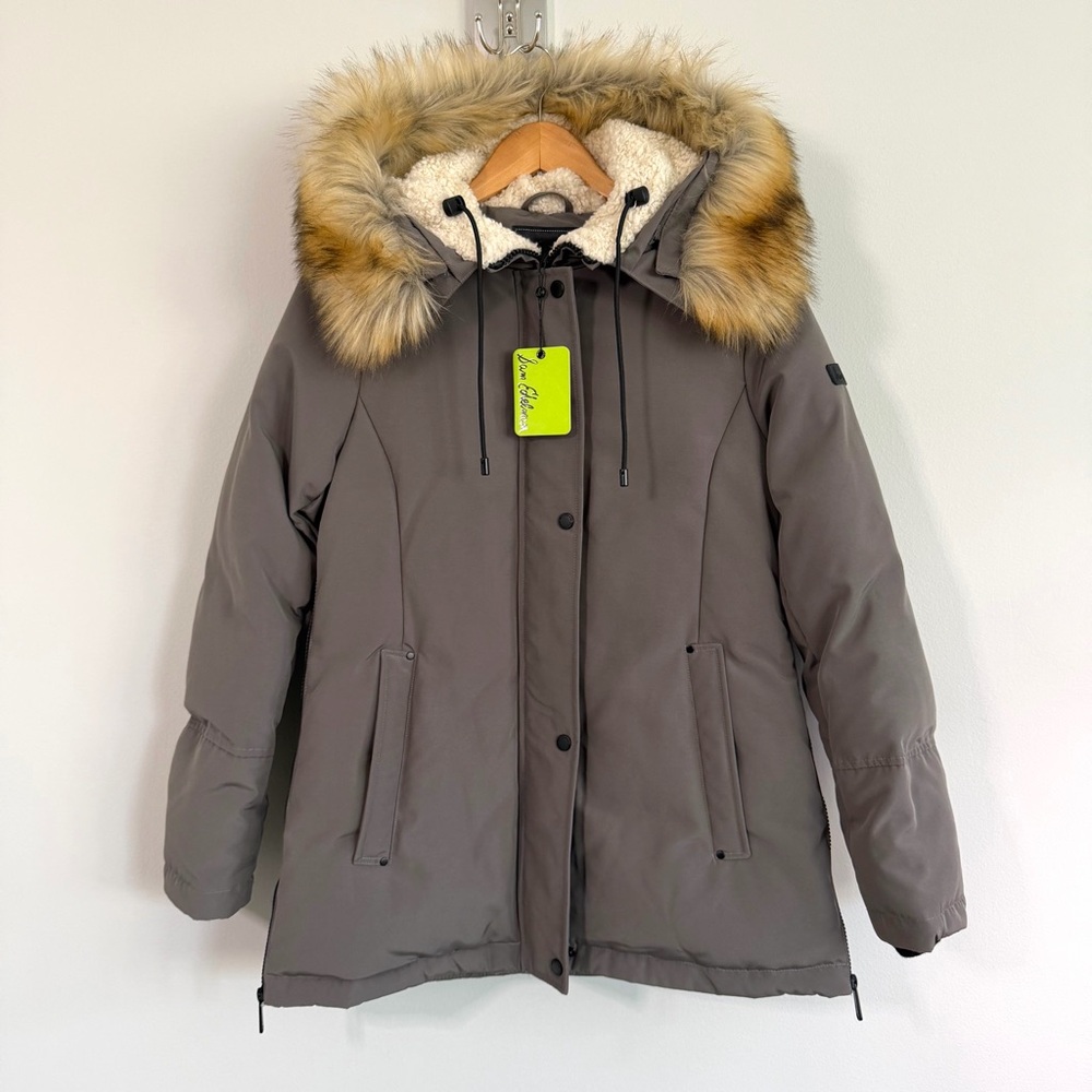 NWT Sam Edelman Down Faux Fur Trim Sherpa Hood Gray Women’s Coat Size XS